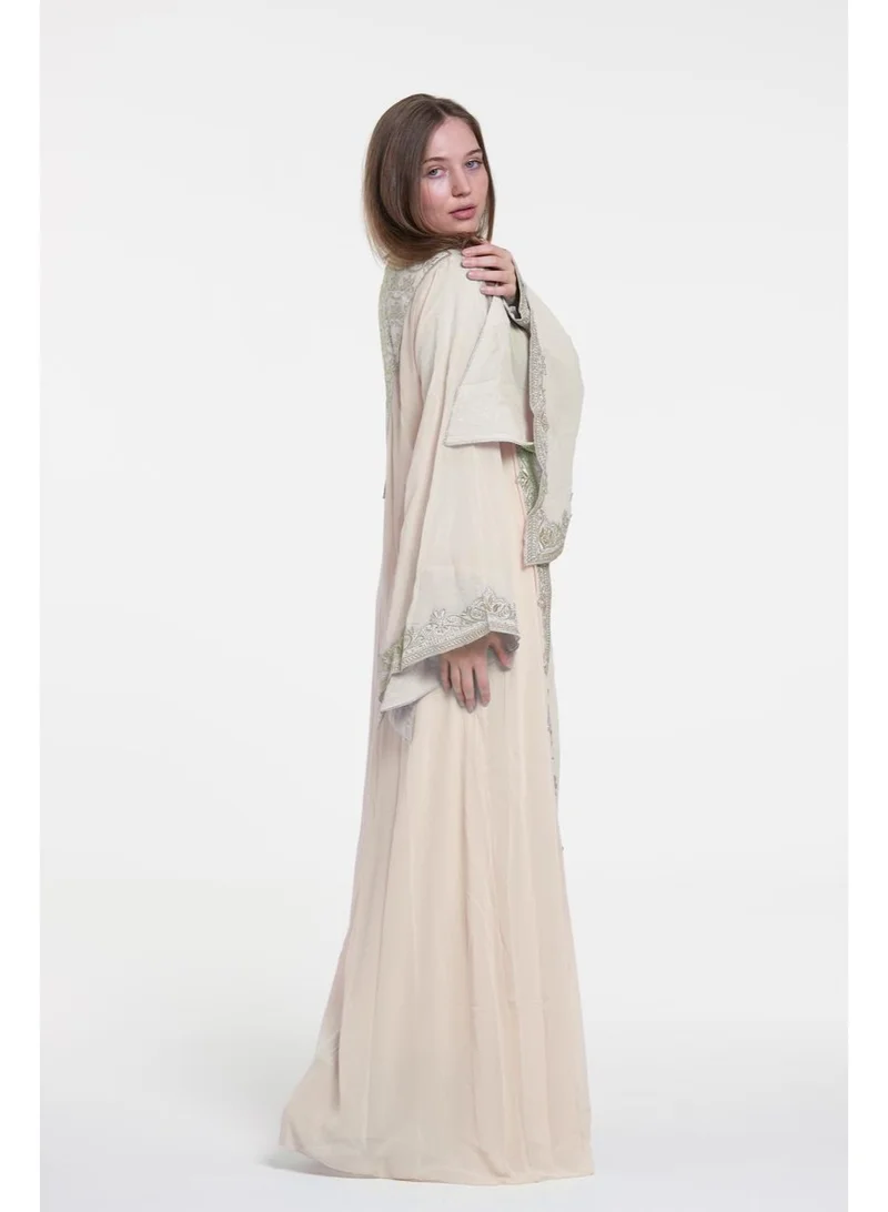 AL BENT AL SHARQIEH cream beige embroidered chiffon caftan dress for Women | Best Price UAE